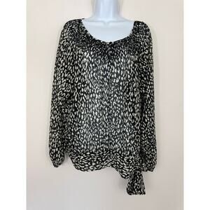 Michael Kors Animal Print Sheer Blouse XL Smocked Neck & Tie Hem